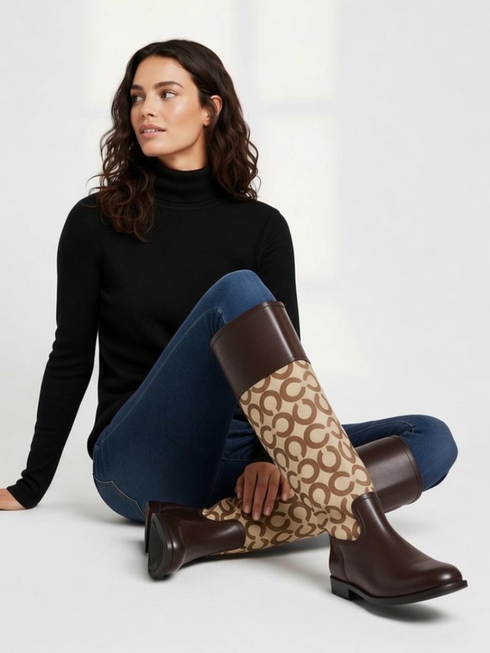 Coach Chrissi Monogram beige brown riding boots